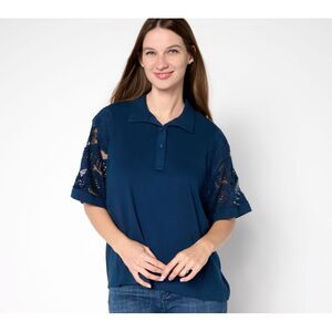 Fashion Women's Top Sz S 100% Cotton Polo Lace Blue A697249